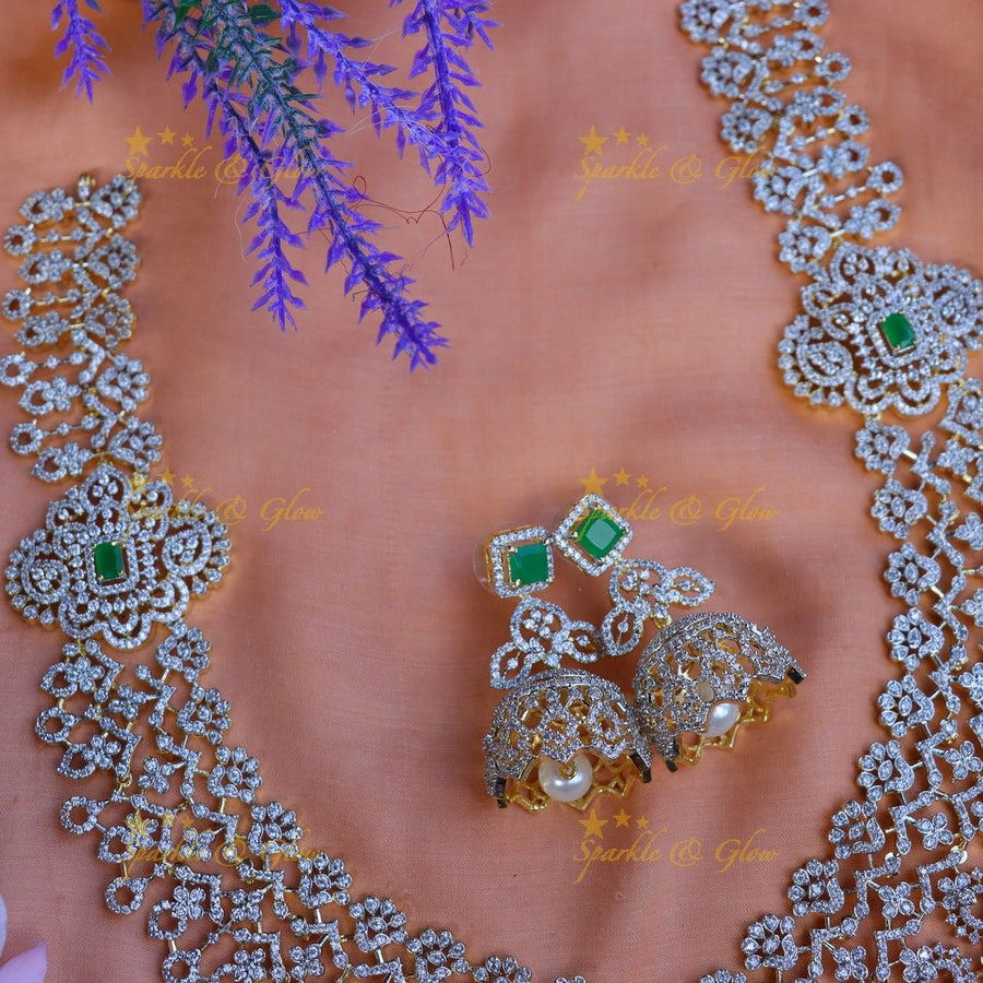 Pretty floral and leaf design long AD necklace - Green - Sparkle and Glow - 