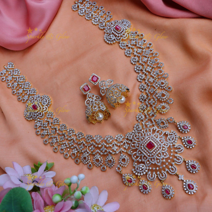 Pretty floral and leaf design long AD necklace - Pink