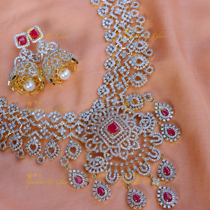 Pretty floral and leaf design long AD necklace - Pink