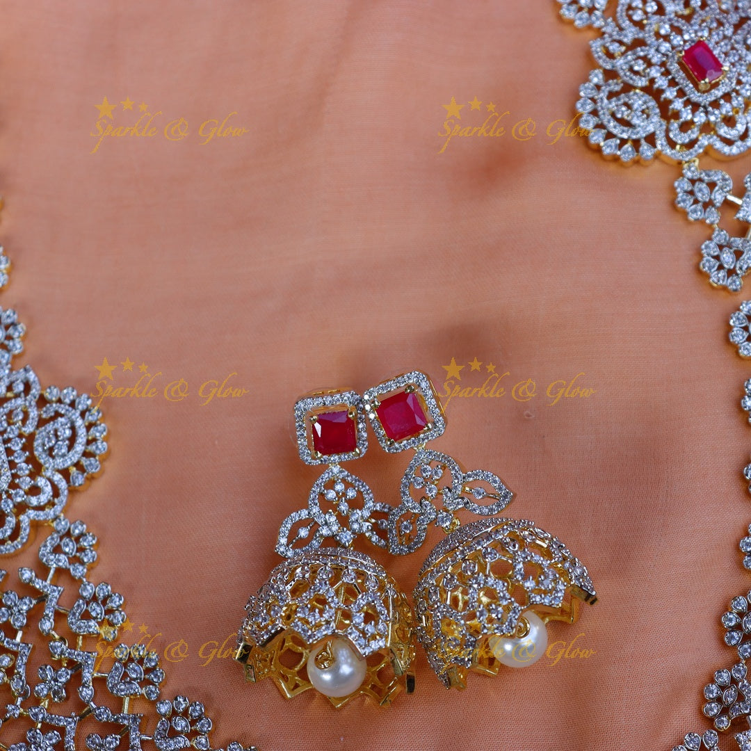 Pretty floral and leaf design long AD necklace - Pink