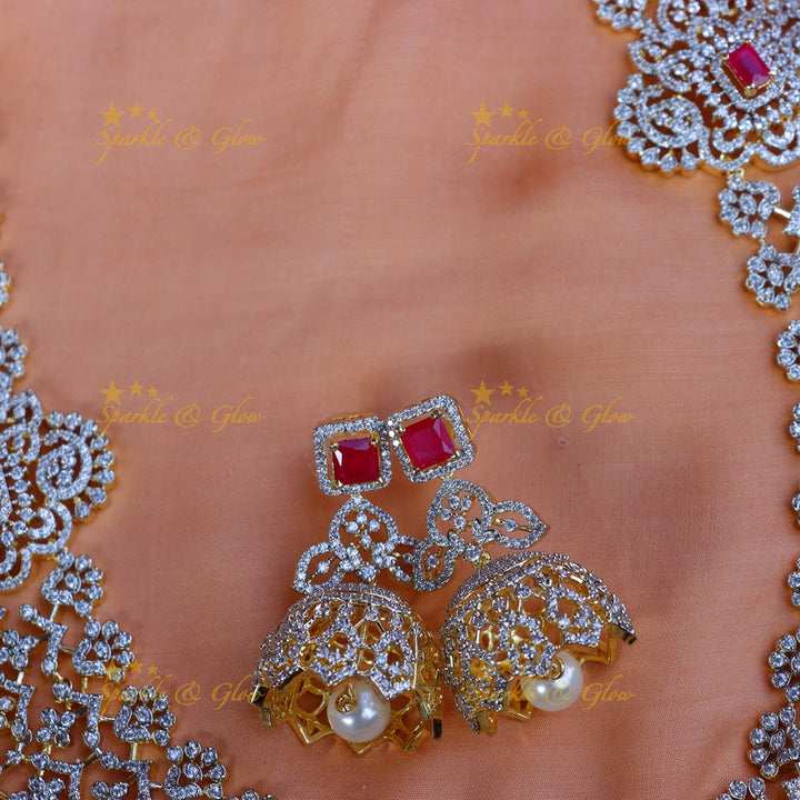 Pretty floral and leaf design long AD necklace - Pink