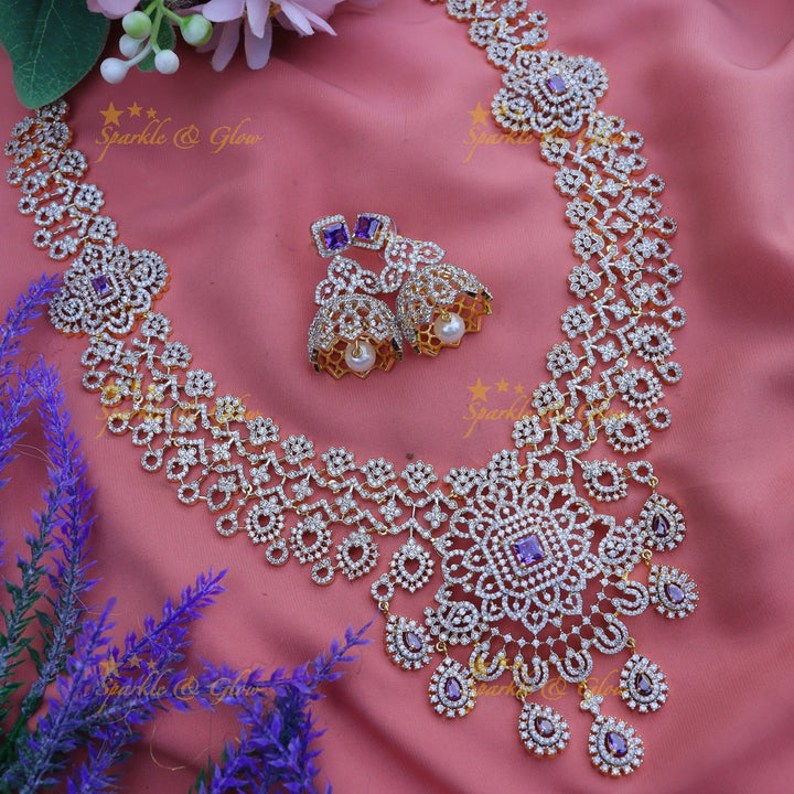 Pretty floral and leaf design long AD necklace - Pink