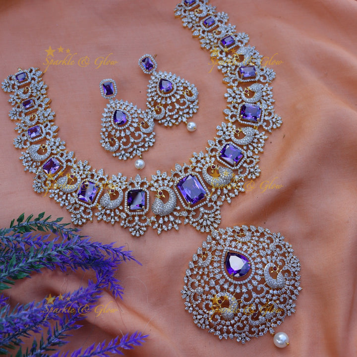 Beautiful peacock design AD short necklace - Purple