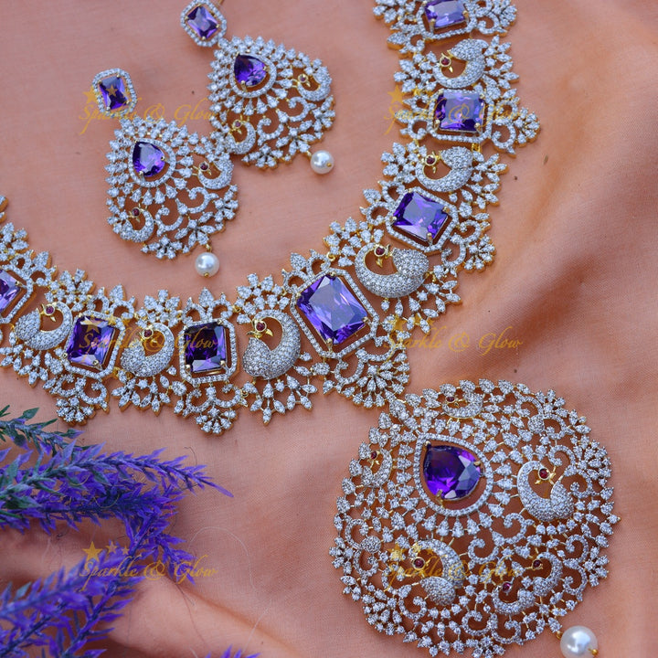 Beautiful peacock design AD short necklace - Purple