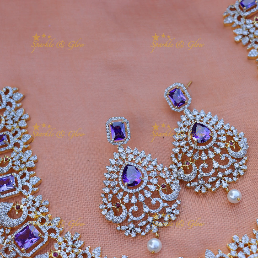 Beautiful peacock design AD short necklace - Purple