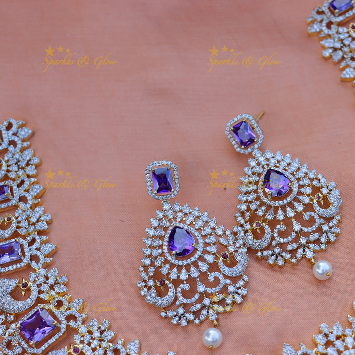 Beautiful peacock design AD short necklace - Purple