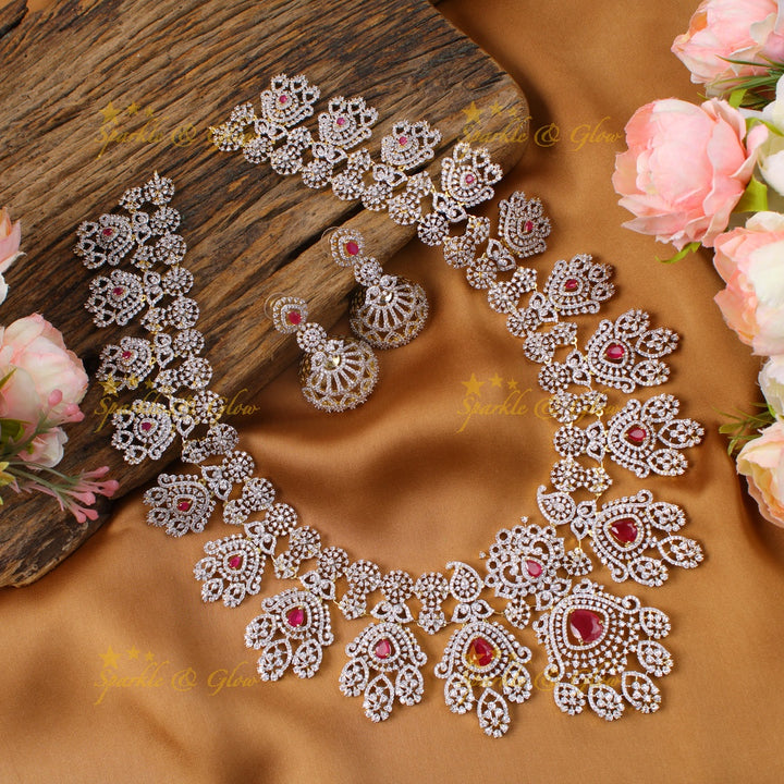 Grand intricate floral leaflet design American diamond long necklace -