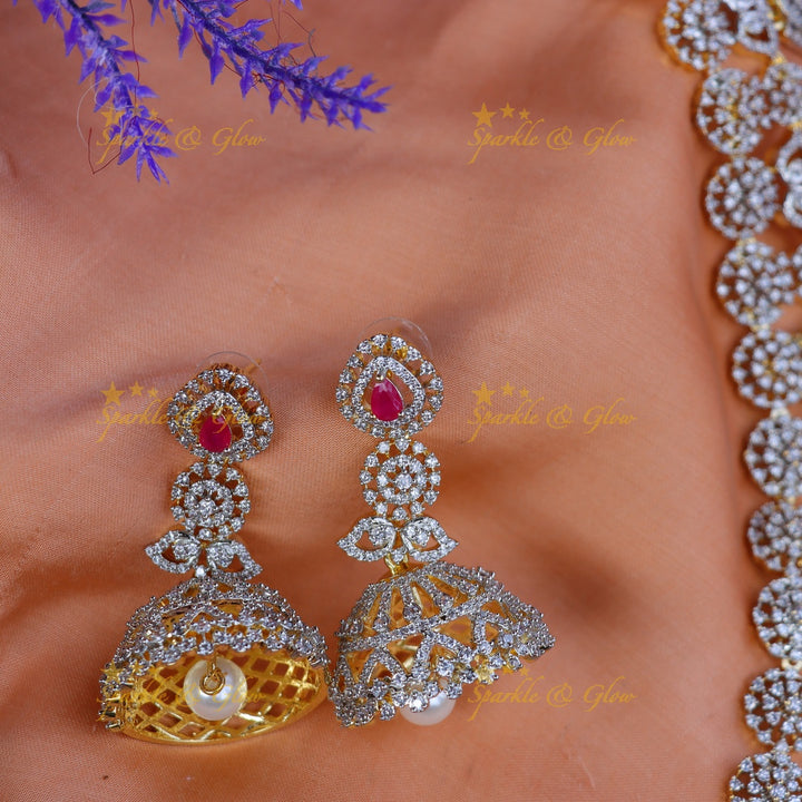Grand intricate floral leaflet design American diamond long necklace -