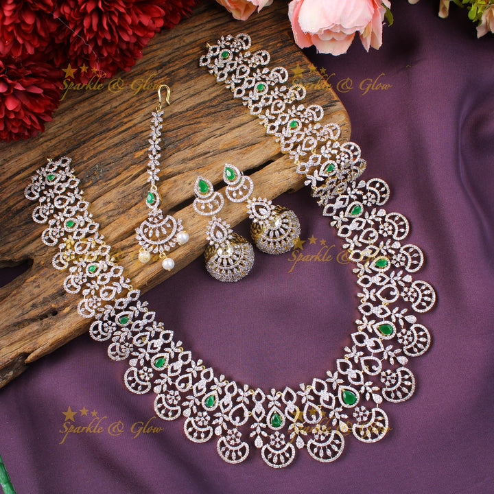 Sparkling princess fusion American Diamond long necklace with tikka - Green