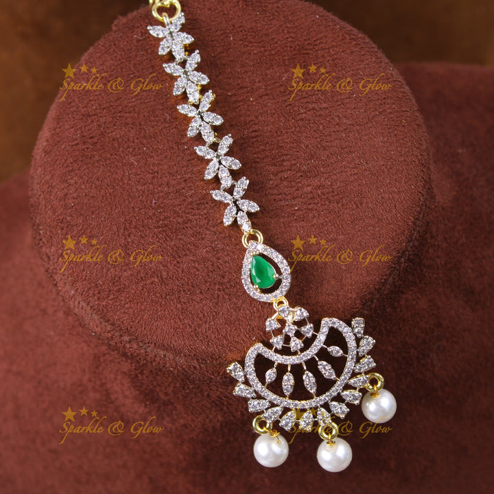 Sparkling princess fusion American Diamond long necklace with tikka - Green