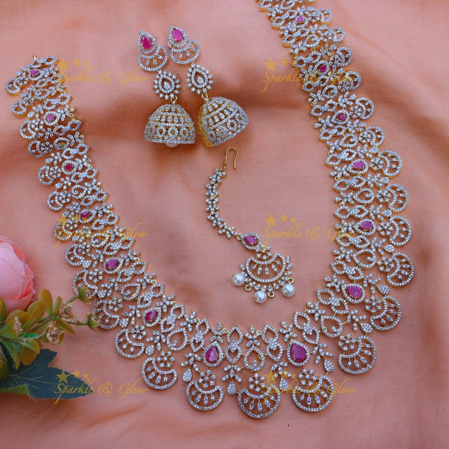 Sparkling princess fusion American Diamond long necklace with tikka - Pink - Sparkle and Glow - 