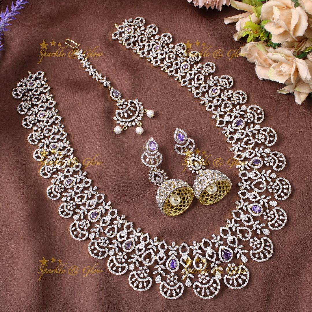 Sparkling princess fusion American Diamond long necklace with tikka - Green