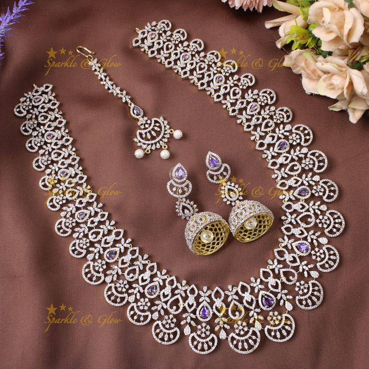 Sparkling princess fusion American Diamond long necklace with tikka - Green