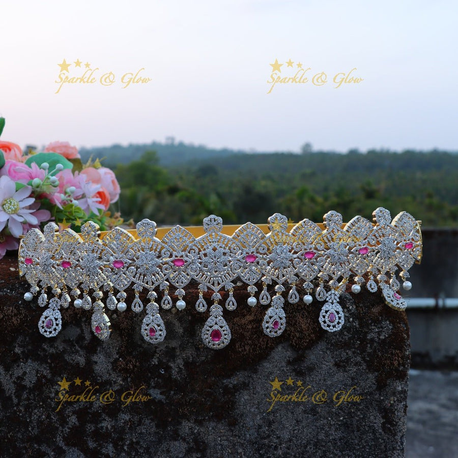 Beautiful floral and leaf design AD Hip belt - Green - Sparkle and Glow - Pink - 