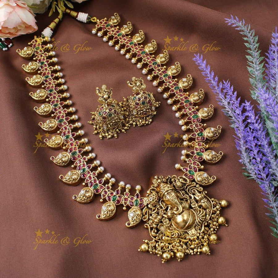 Gold alike Ganesha carved mango Haram with gold beads-Gold - Sparkle and Glow