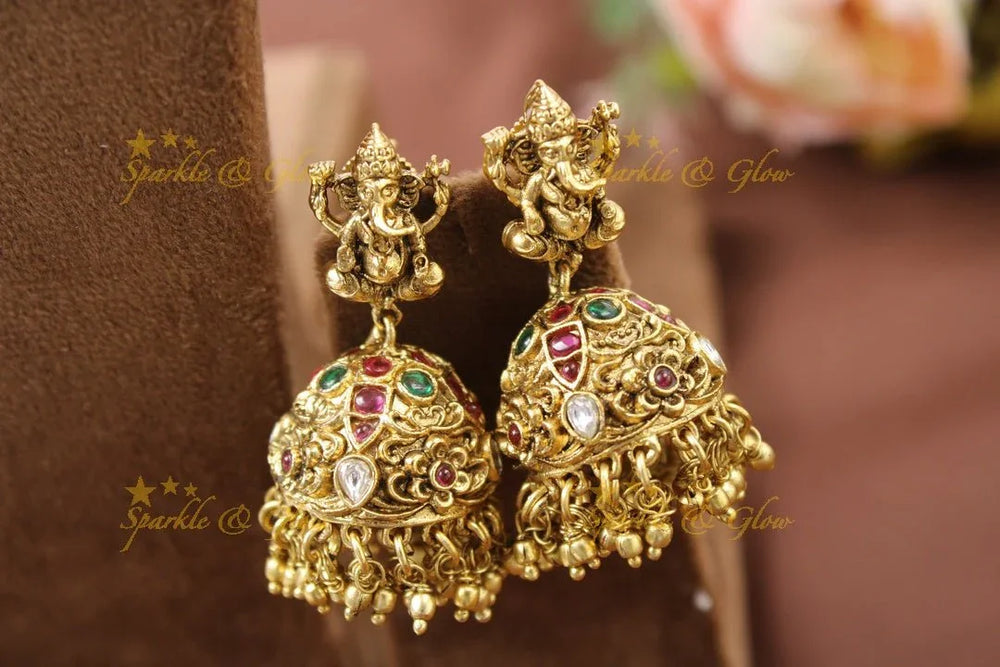 Gold alike Ganesha carved mango Haram with gold beads-Gold - Sparkle and Glow