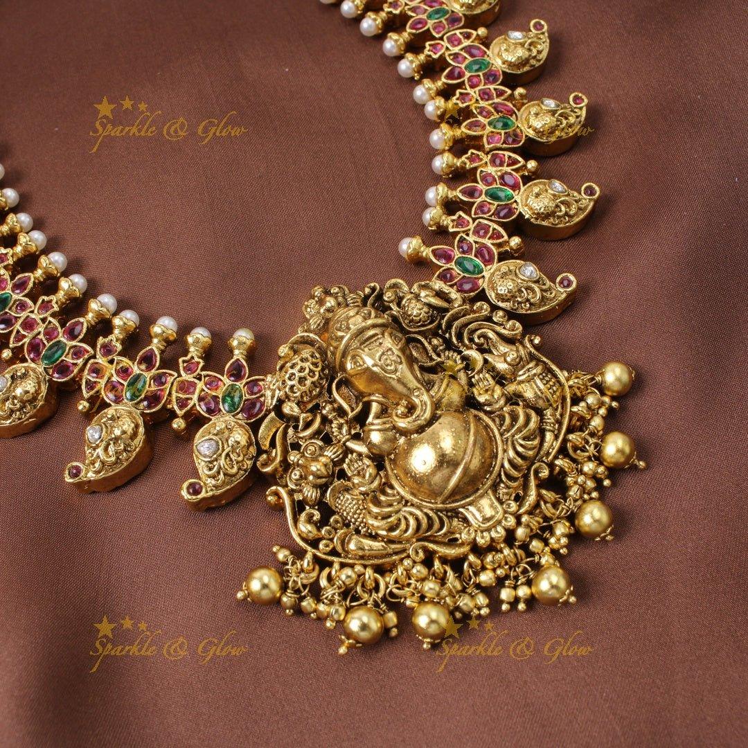 Gold alike Ganesha carved mango Haram with gold beads-Gold - Sparkle and Glow
