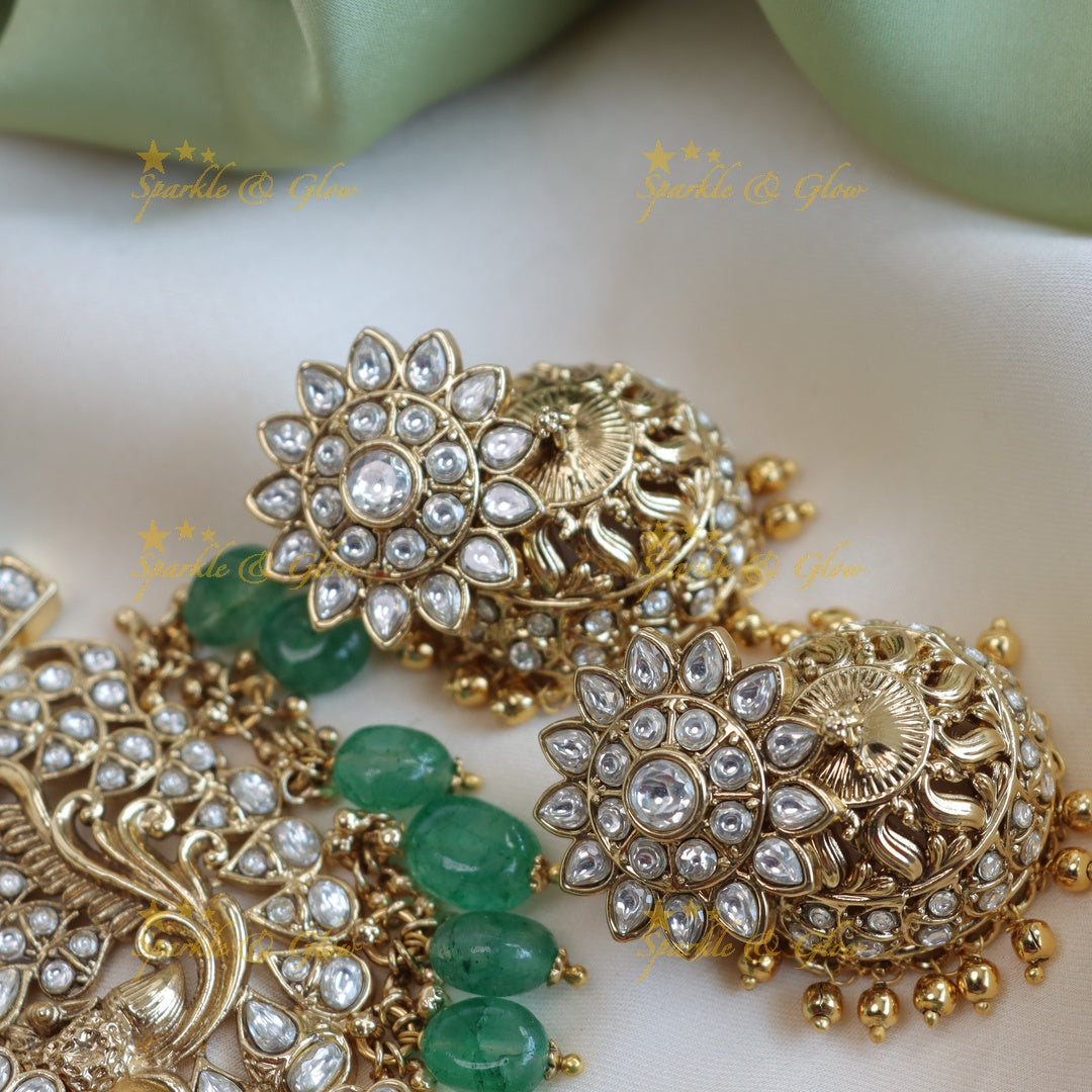 Stunning mint green and kundan stones floral peacock design long haram - white