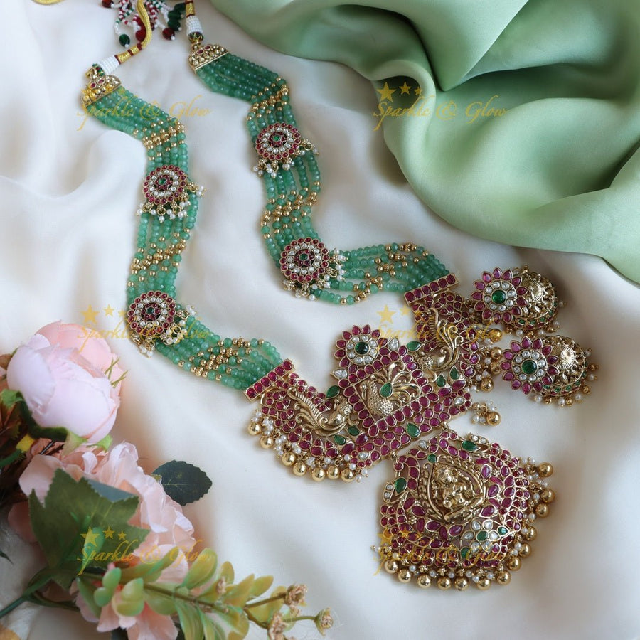 Stunning mint green and kundan stones floral peacock design long haram - Multi - Sparkle and Glow - 
