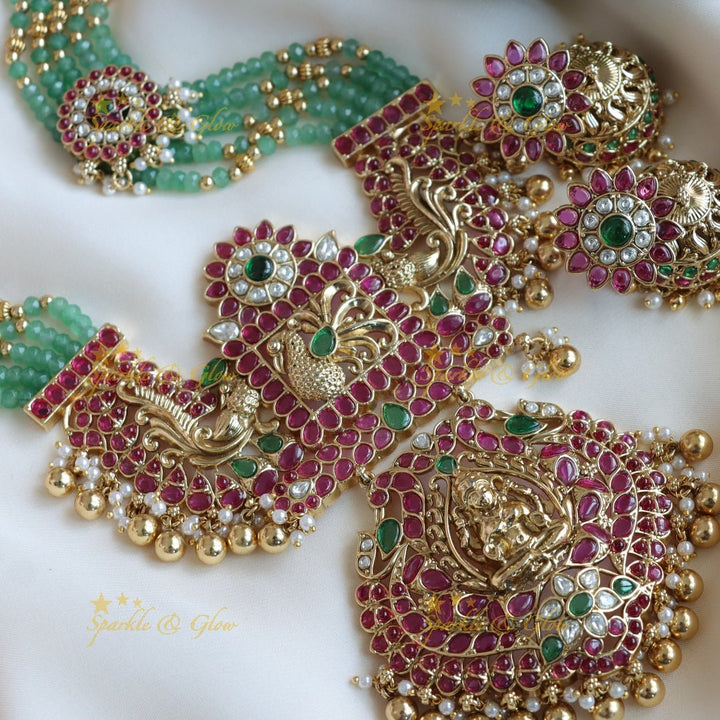 Stunning mint green and kundan stones floral peacock design long haram - Multi - Sparkle and Glow - 