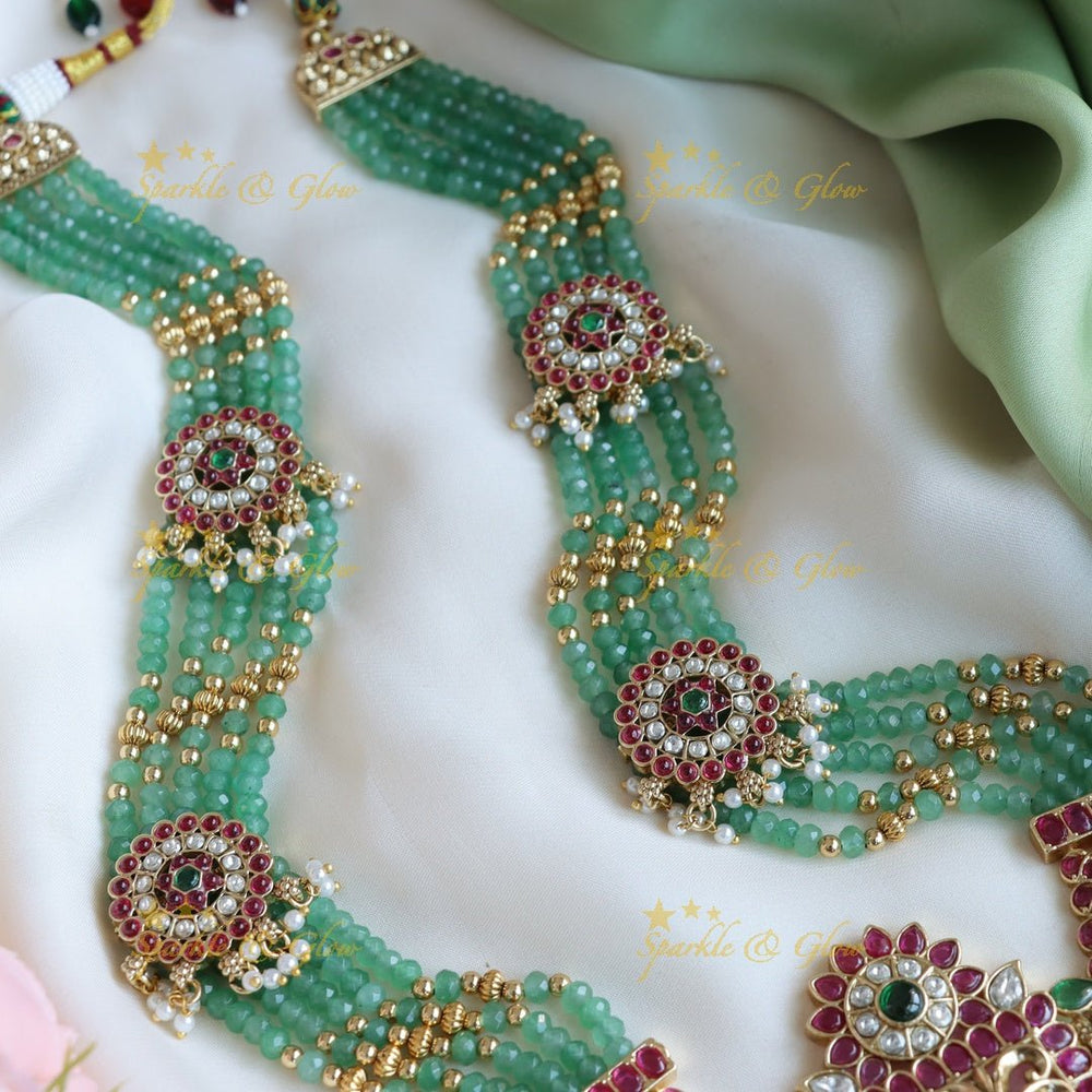 Stunning mint green and kundan stones floral peacock design long haram - Multi - Sparkle and Glow - 