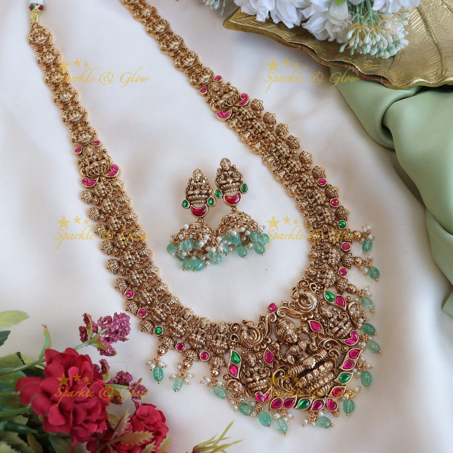 Beautiful Gold alike lakshmi and peacock design with mint green beads long necklace - Sparkle and Glow - Back Thread - 