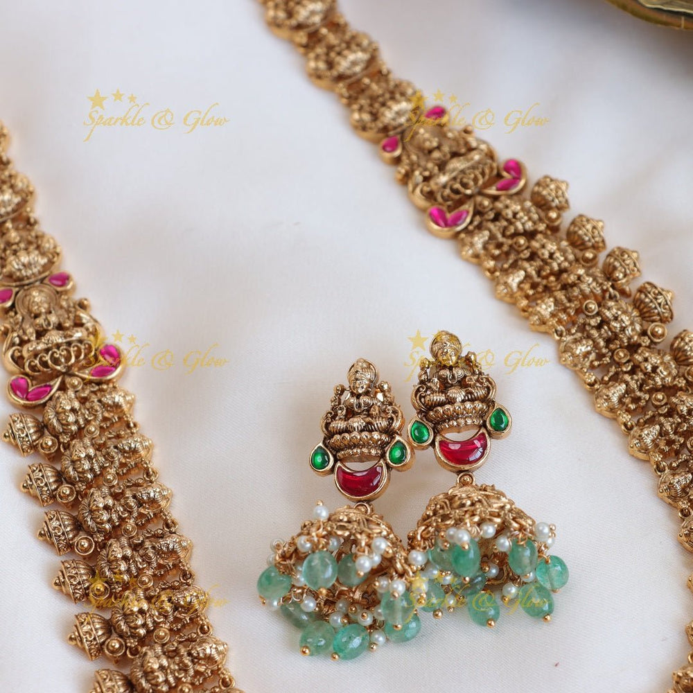 Beautiful Gold alike lakshmi and peacock design with mint green beads long necklace - Sparkle and Glow - Back Thread - 