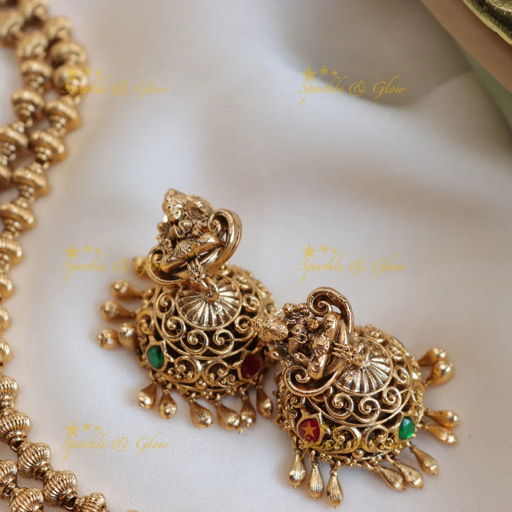 Elegant lakshmi and peacock design with gold beads long haram - pink,green - Sparkle and Glow