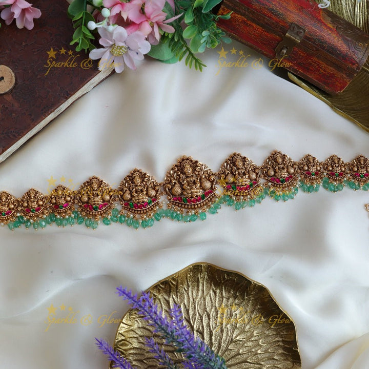 Beautiful Lakshmi design Jadau stones hip chain - Gold - Sparkle and Glow - Mint green - 