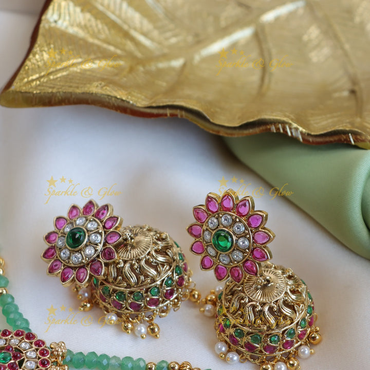 Stunning mint green and kundan stones floral peacock design long haram - Pink