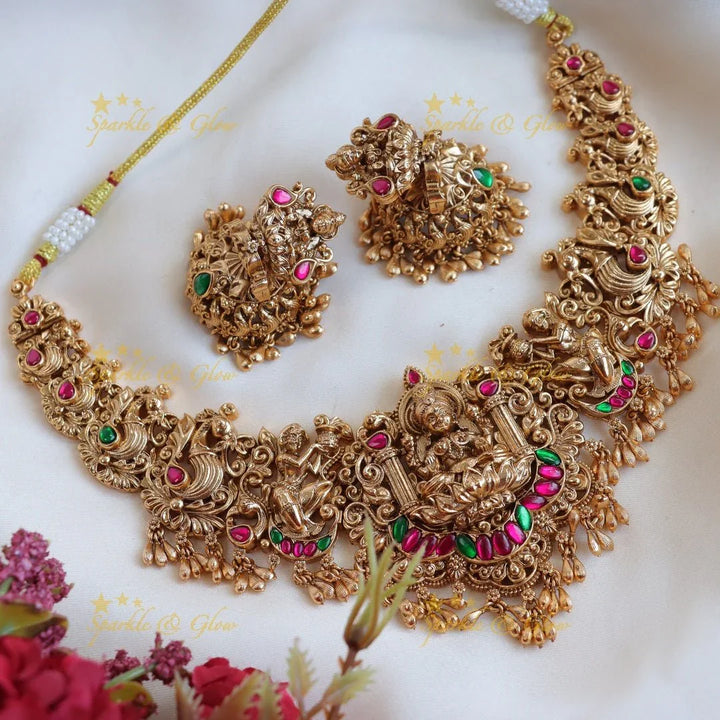 Gracious Lakshmi Peacock carved Jadau short necklace with gold beads - Sparkle and Glow