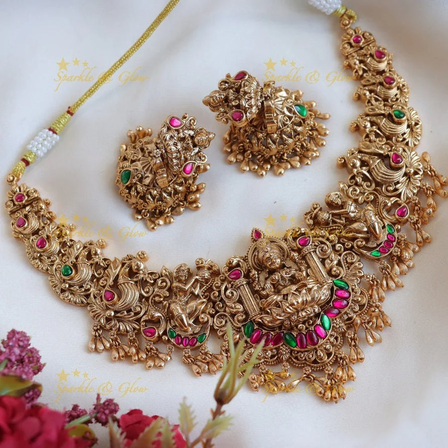 Gracious Lakshmi Peacock carved Jadau short necklace with gold beads - Sparkle and Glow