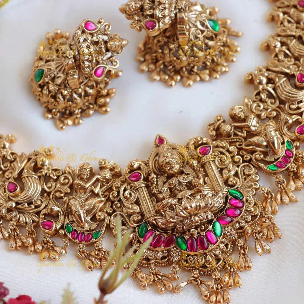 Gracious Lakshmi Peacock carved Jadau short necklace with gold beads - Sparkle and Glow