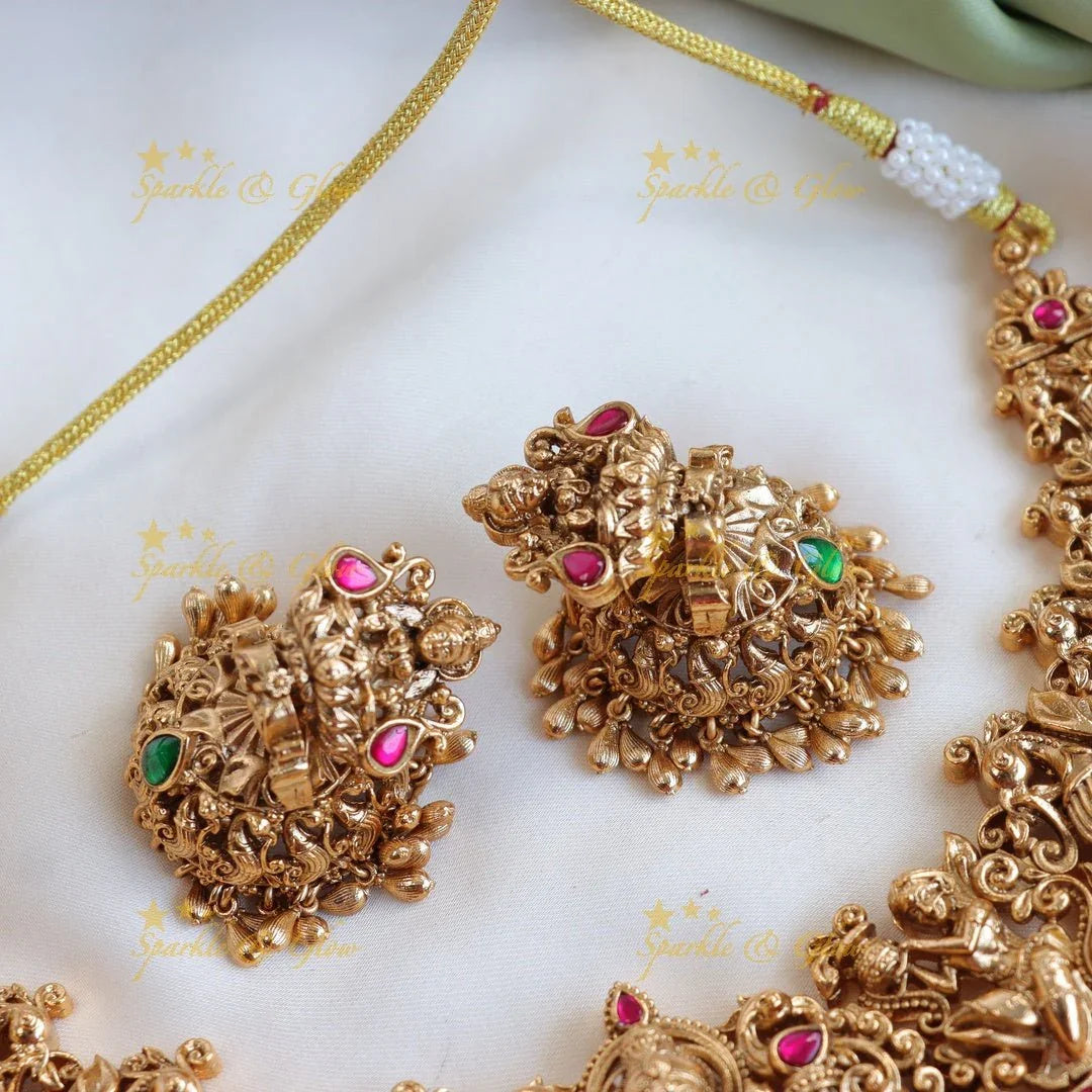 Gracious Lakshmi Peacock carved Jadau short necklace with gold beads - Sparkle and Glow