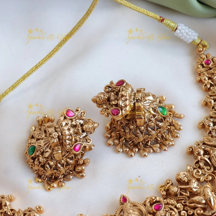 Gracious Lakshmi Peacock carved Jadau short necklace with gold beads - Sparkle and Glow