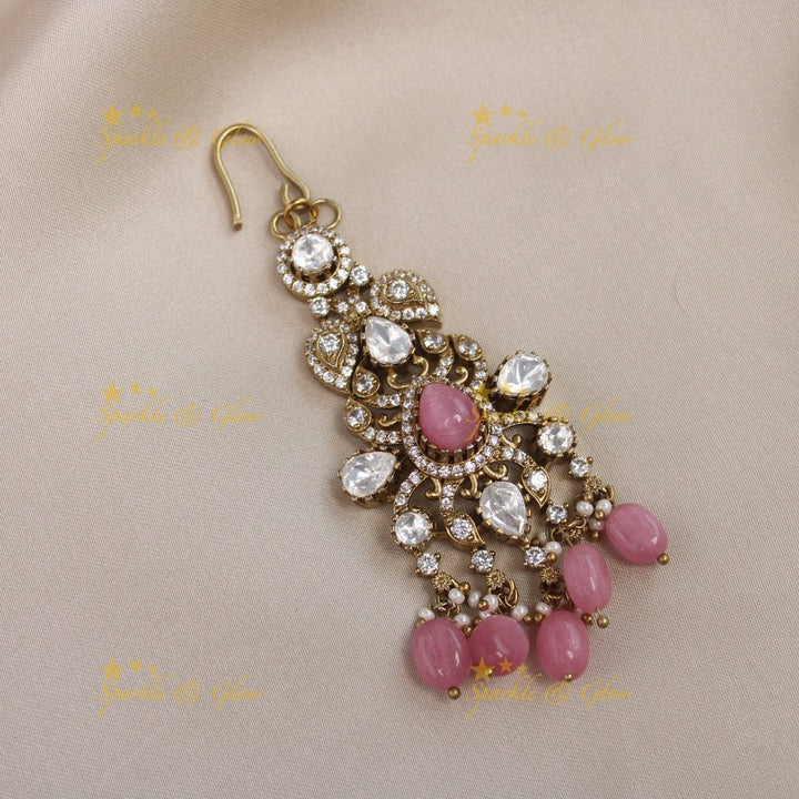 Gracious Mango Floral Victorian AD maangtikka - Light pink - Sparkle and Glow - Light pink - 