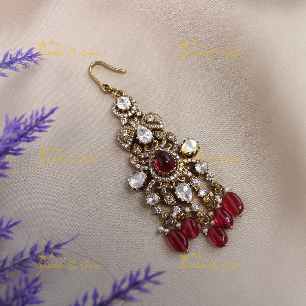 Gracious Mango Floral Victorian AD maangtikka - Light pink - Sparkle and Glow - Red - 
