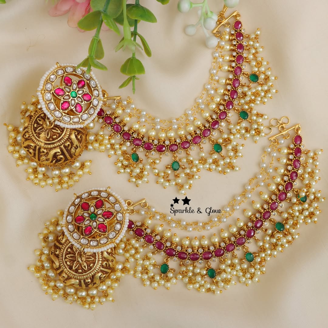 Exquisite Jadau Kundan Earrings and Earchain Set