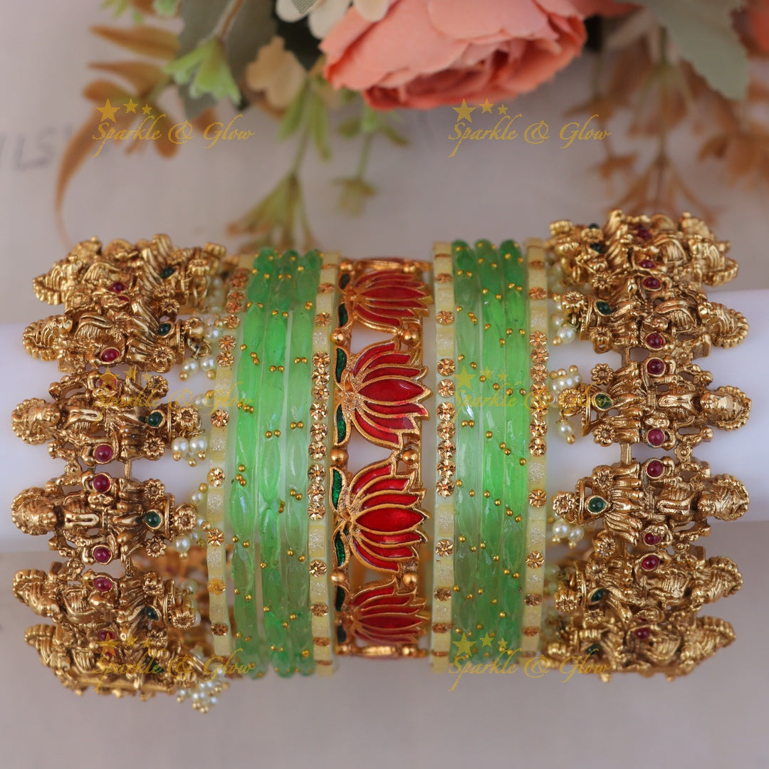 Grand Lakshmi Lotus Carved Bridal Bangles Set