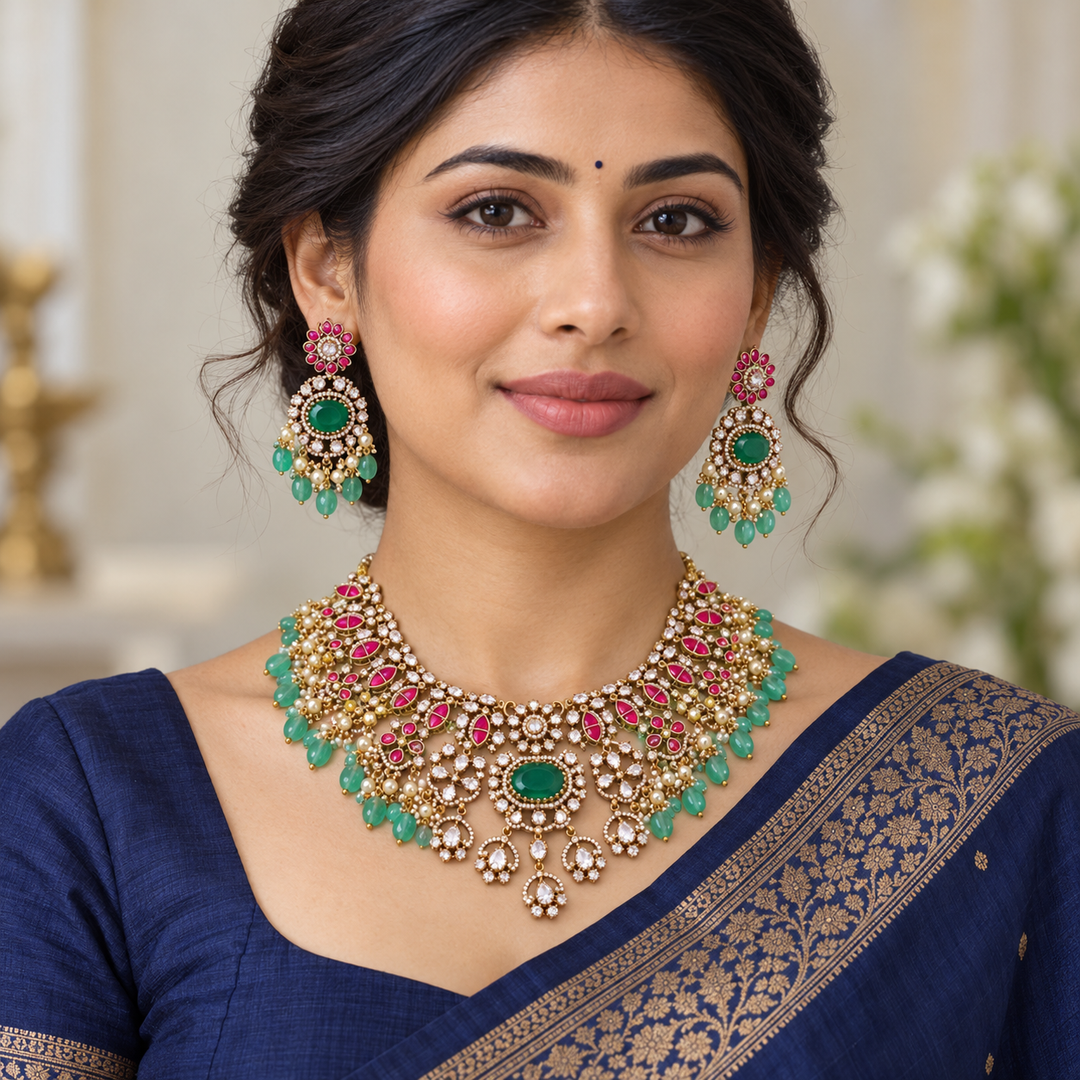 Exquisite Floral Short Necklace with Green Beads - Sparkle & Glow