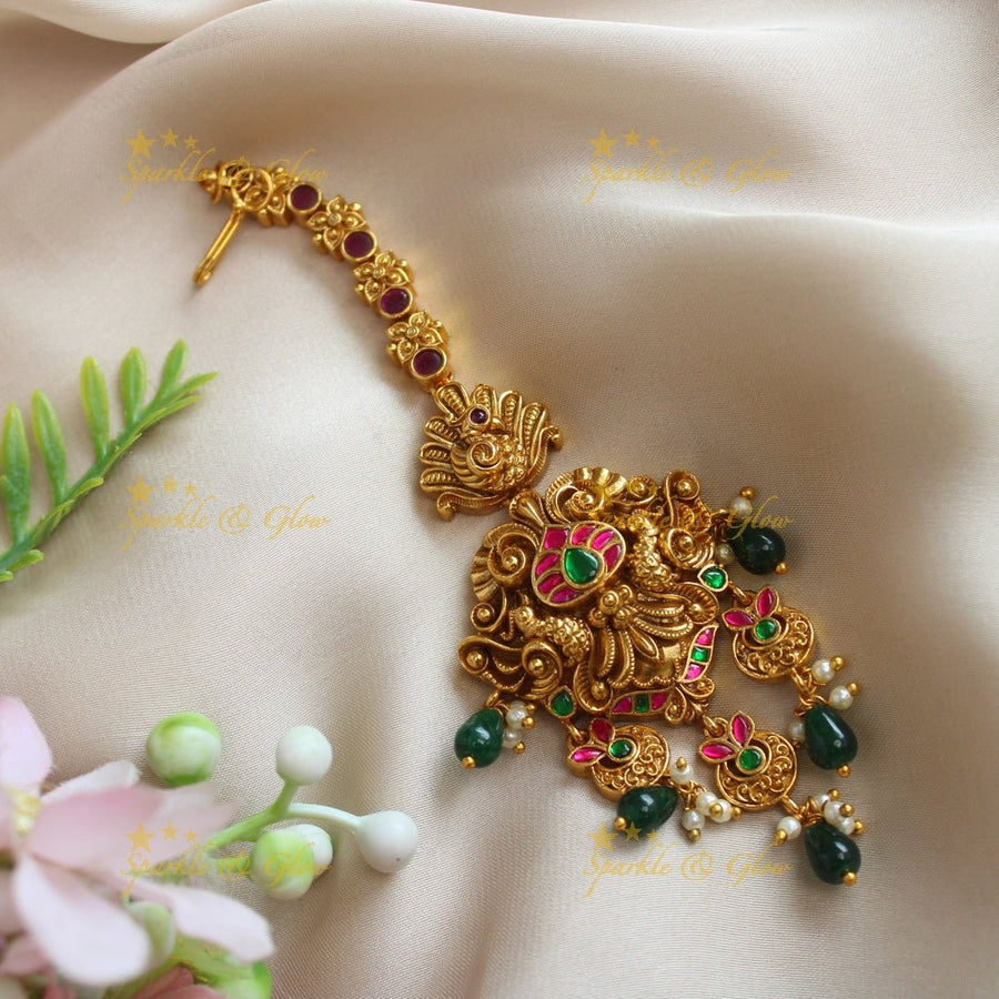 Beautiful Peacock Floral carved single line maangtikka - Sparkle and Glow - 