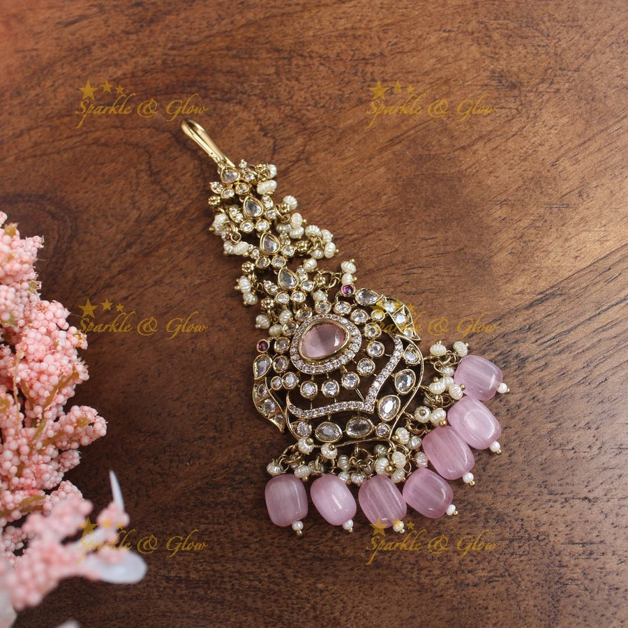 Gracious Kundan Floral Victorian AD maangtikka - Mintgreen - Sparkle and Glow - Light pink - 