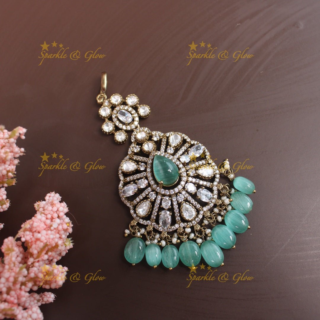 Elegant Oval Floral Kundan Victorian AD maangtikka - Mintgreen - Sparkle and Glow - 