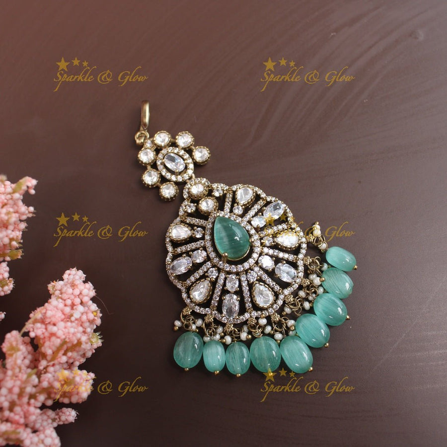 Elegant Oval Floral Kundan Victorian AD maangtikka - Mintgreen - Sparkle and Glow - 