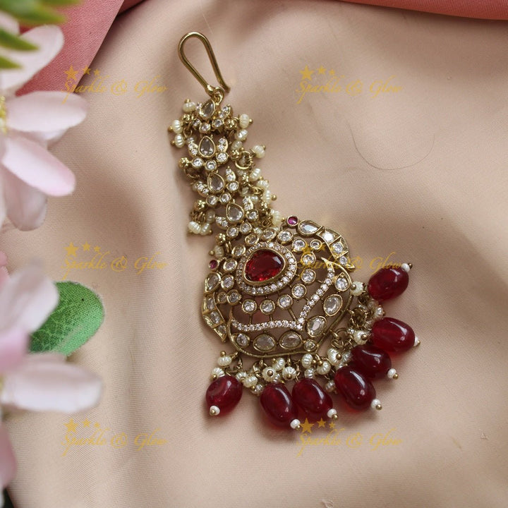 Gracious Kundan Floral Victorian AD maangtikka - Mintgreen - Sparkle and Glow - Red - 