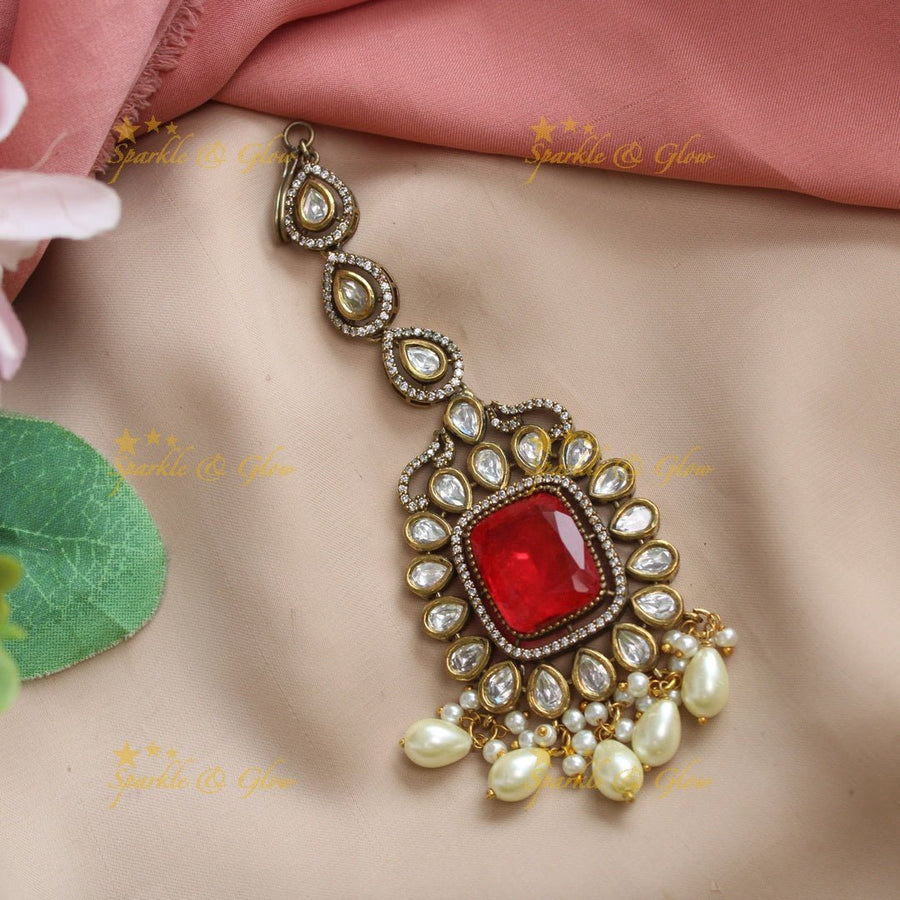 Sparkling Square Kundan stone Victorian AD Maangtikka - Sparkle and Glow - 