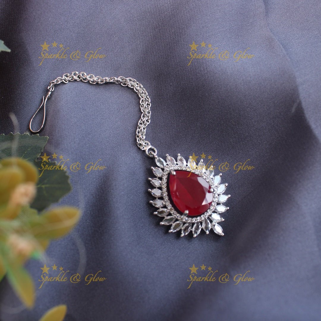 Gracious Oval Floral Silver Amarican diamond Maangtikka - Red - Sparkle and Glow - Red - 