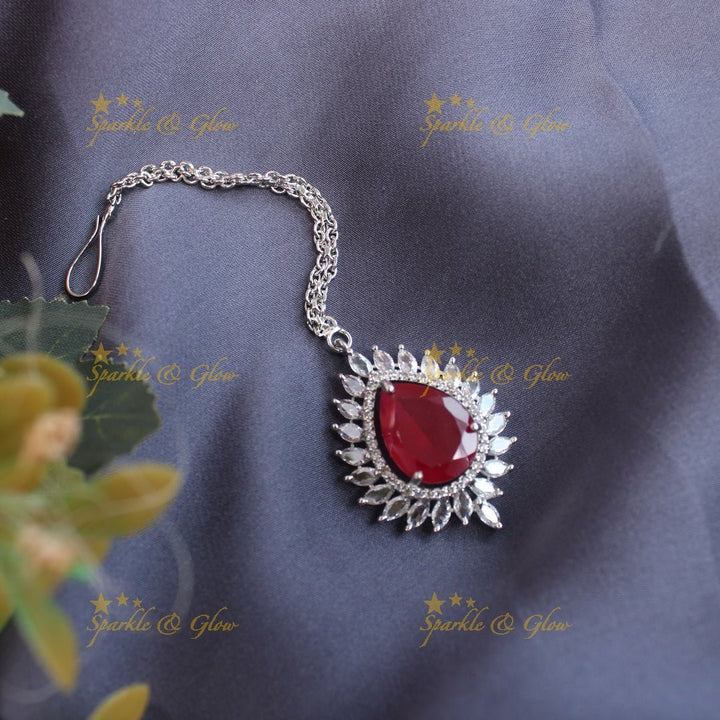 Gracious Oval Floral Silver Amarican diamond Maangtikka - Red - Sparkle and Glow - Red - 