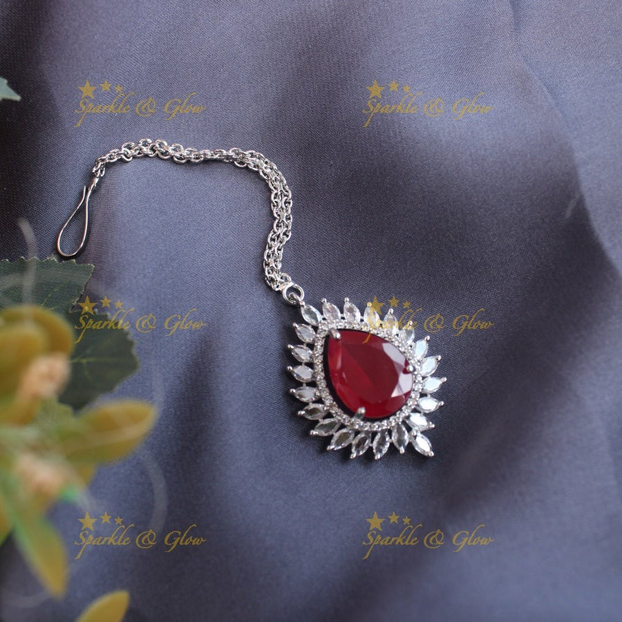 Gracious Oval Floral Silver Amarican diamond Maangtikka - Red - Sparkle and Glow - Red - 