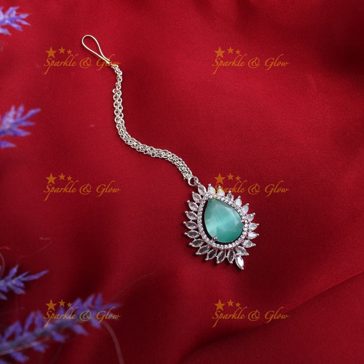 Gracious Oval Floral Silver Amarican diamond Maangtikka - Red - Sparkle and Glow - Mintgreen - 